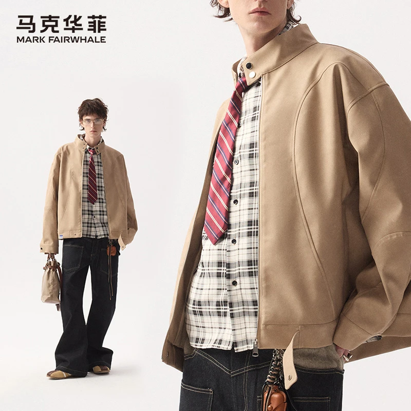 马克华菲潮牌哈灵顿秋冬款复古立领机车皮衣外套街头短款男士夹克