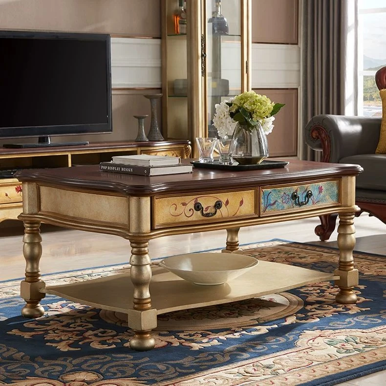 美式茶几实木彩绘家用小户型复古风做旧客厅沙发茶几地柜欧式茶几