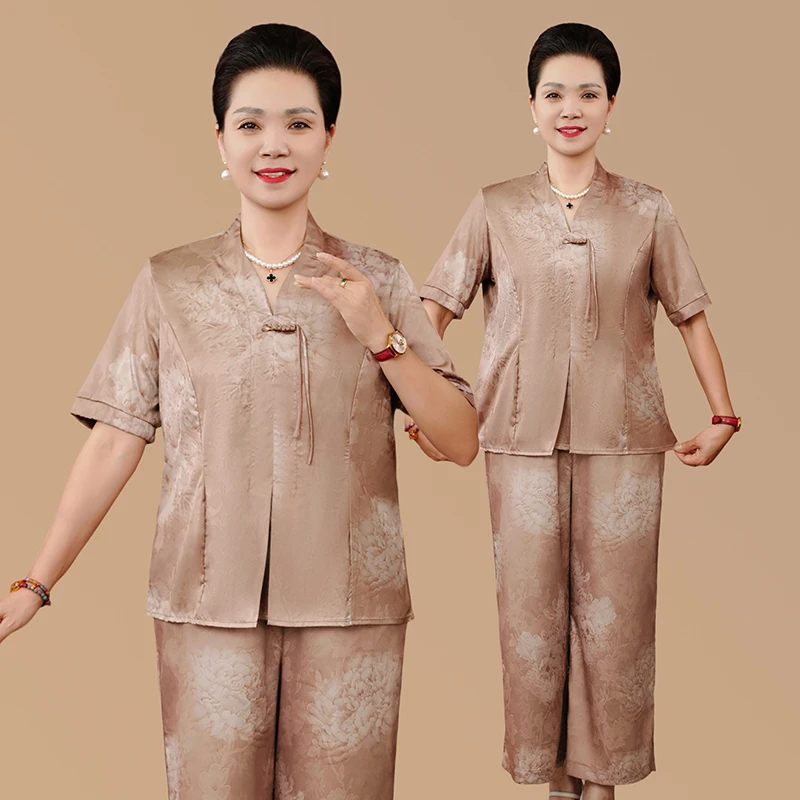 洋气母亲衣服夏季新中式加肥大码印花两件套妈妈装夏装国风套装女