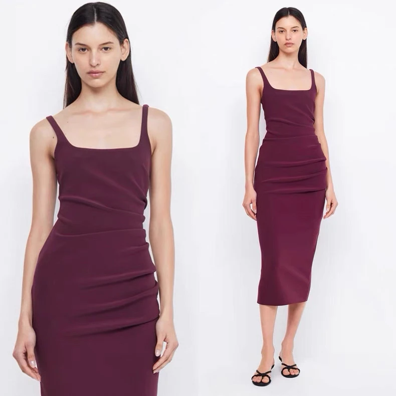 【新色】肯豆裙方领褶皱收腰吊带连衣裙修身包臀裙子