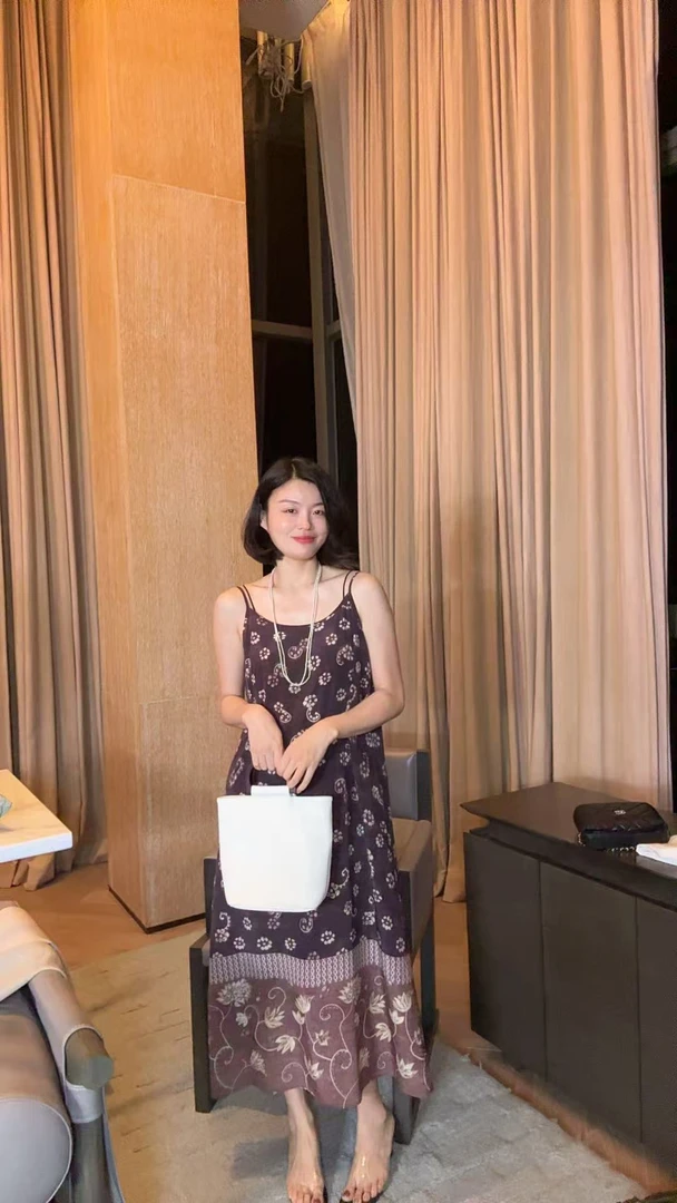 TANTAN  真丝气质棕咖印花吊带连衣裙1596