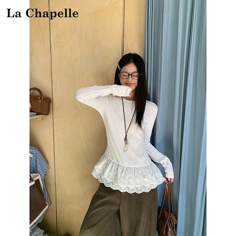 拉夏贝尔白色蕾丝花边德绒长袖上衣女秋冬韩系叠穿修身磨毛打底衫