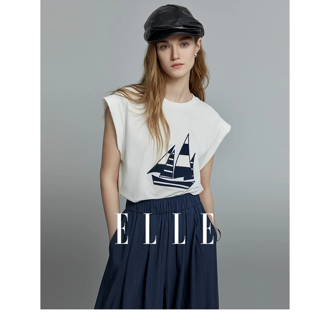 ELLE法式高级短恤25夏新纯棉内搭小众上衣ET35213