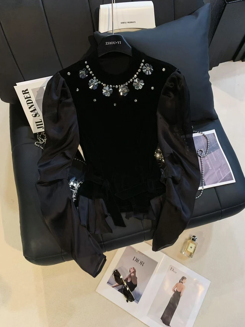 ZHOUYI/周一 早秋2025新款上衣女闪光亮花长袖女修身百搭打底衫