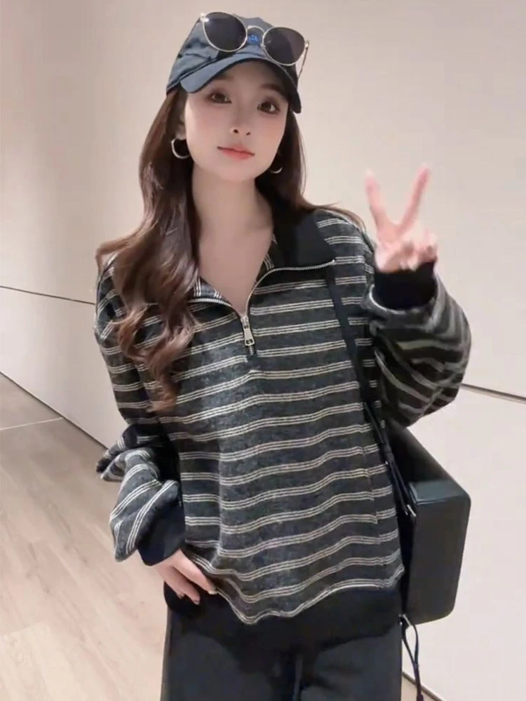 早秋韩系半开领条纹卫衣女新款2025爆款洋气单穿绝美巨好看的上衣