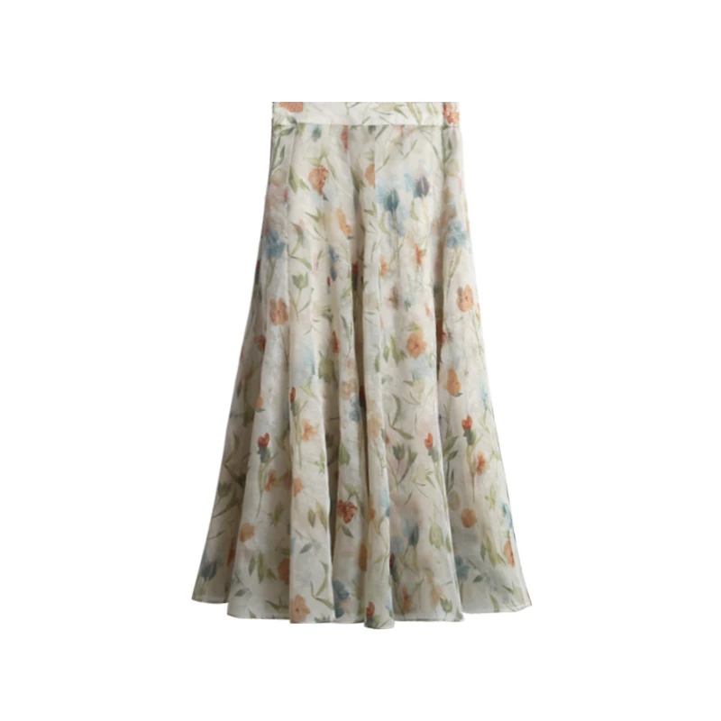 10姆米蝉翼玫瑰桑蚕丝真丝绡欧根纱高腰显瘦A字中长裙252151