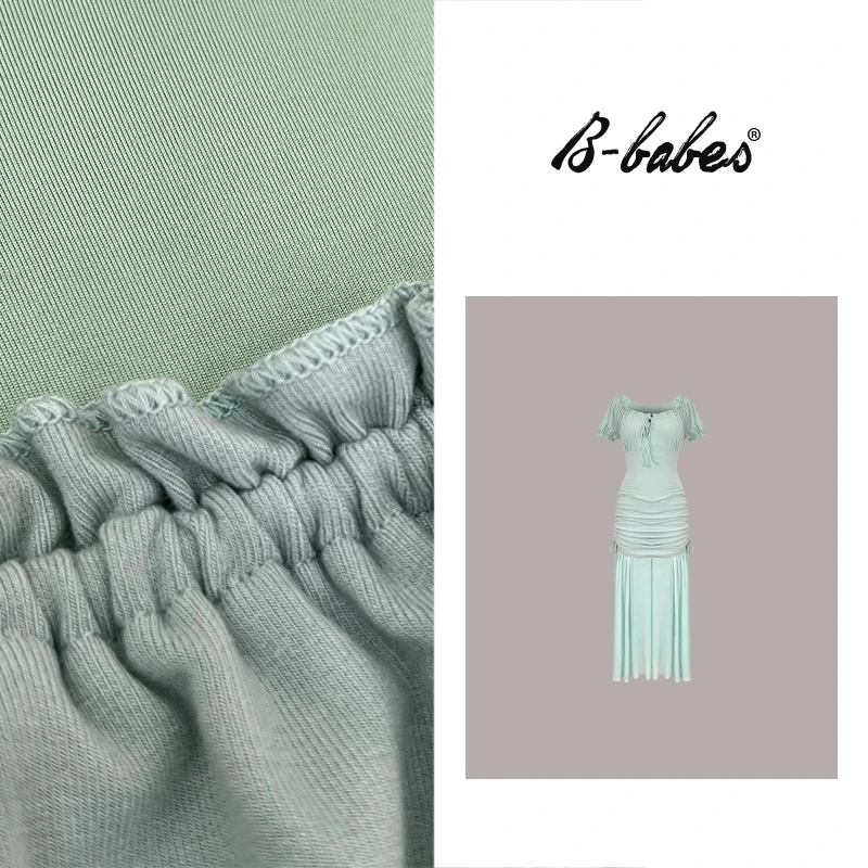 B-babes【栀子香】精致假两件修身微胖收腰网纱方领甜美度假风裙子