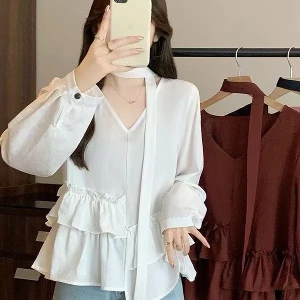不规则荷叶边挂脖宽松显瘦衬衫上衣V领显瘦打底衫百搭T恤大衫