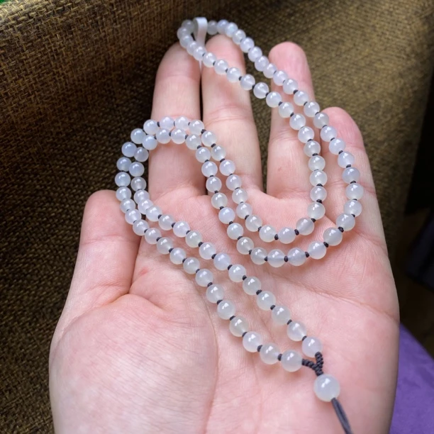 天然和田玉白冰白色卡5mm圆珠项链吊坠挂绳珠链时尚百搭妈妈经典