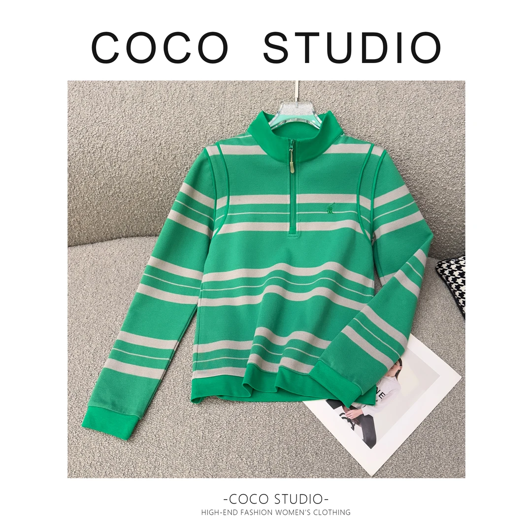 长袖轻职风圆领女条纹修身型T恤高领秋冬打底衫撞色DDS221