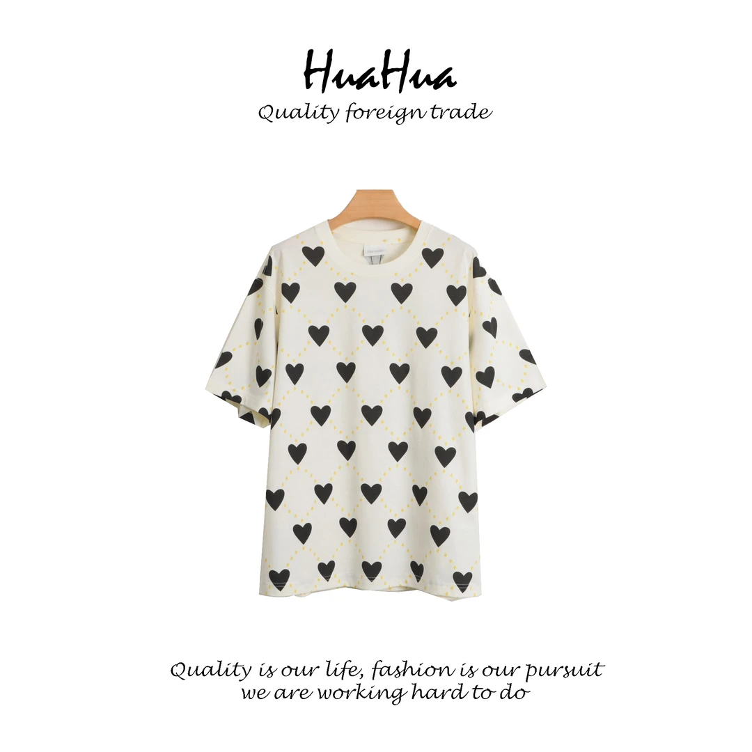 HUATN 男女情侣T恤纯色圆领长袖简约百搭上衣短袖爱心 DPKS118F