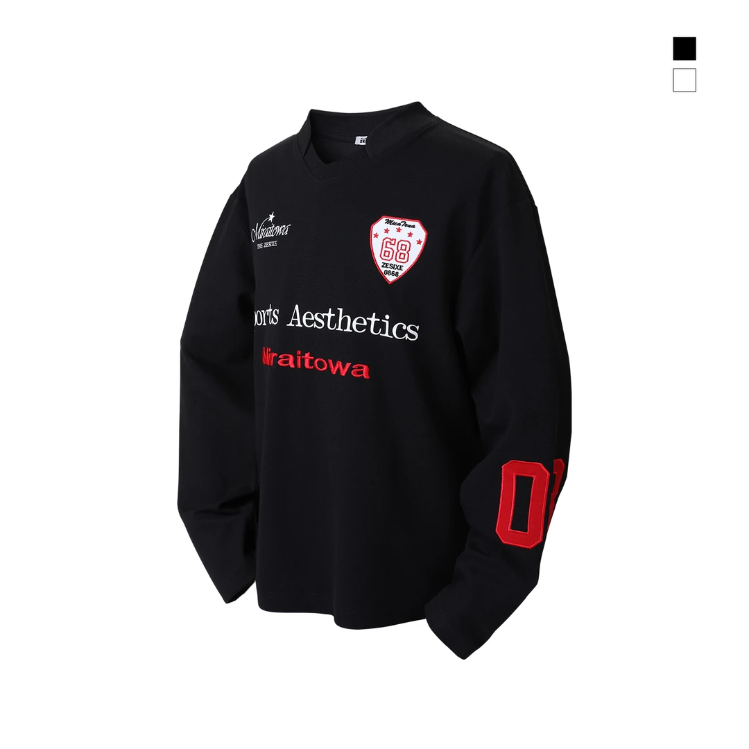 <0868-零捌陆捌>复古运动球队文化衫春装长袖T恤V领刺绣印花