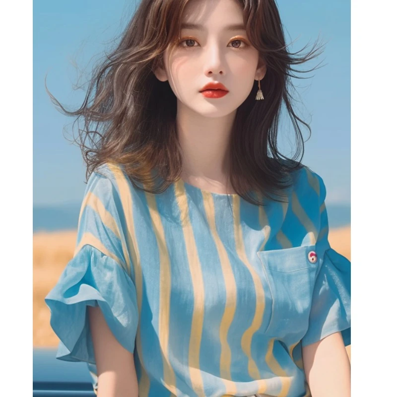 蓝色条纹短袖t恤女2025新款爆款夏季时尚洋气高级感独特别致上衣