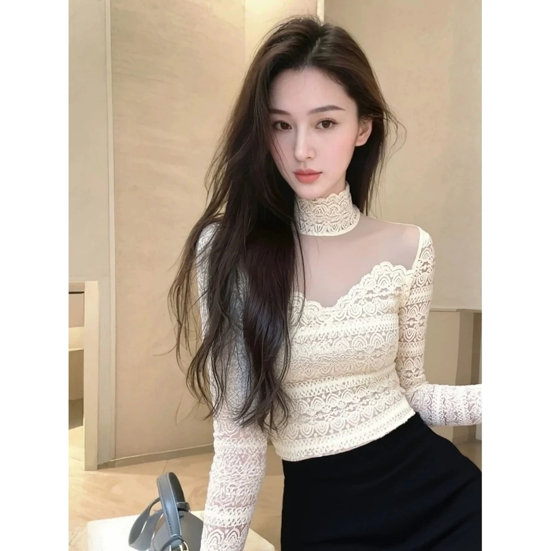 秋冬法式巨好看半高领蕾丝打底衫女洋气性感微透网纱拼接长袖上衣