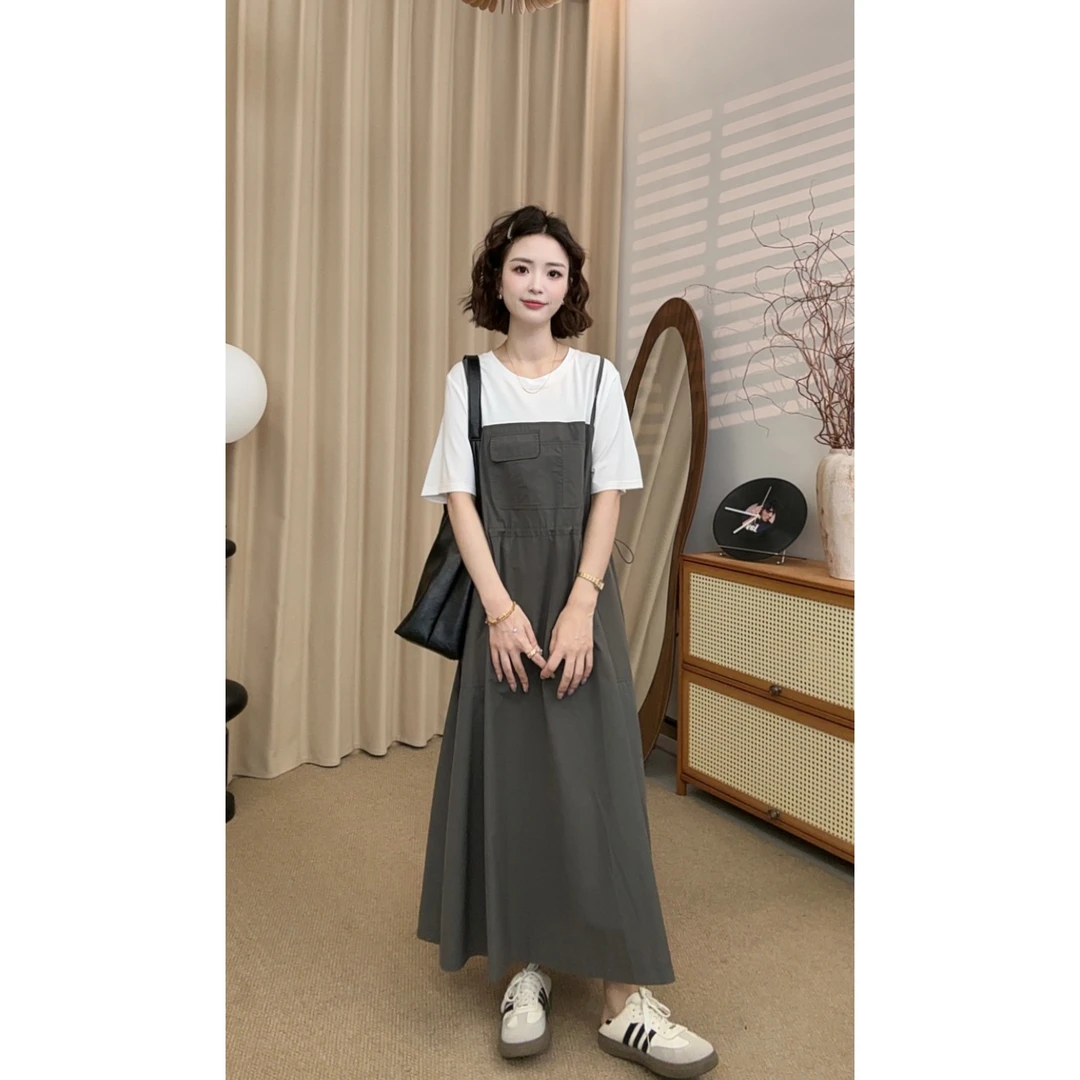 【张小九】短袖假两件拼接翻盖口袋设计减龄少年感连衣裙Z1965