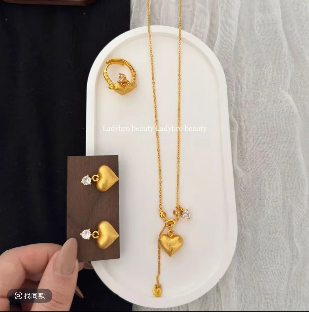 钛钢陶瓷吊坠 纯铜项链 古法爱心跑环流苏项链戒指耳环三件套7677