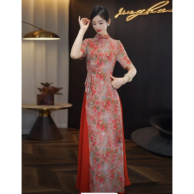 国风连衣裙女2025夏季新款修身显瘦气质大摆裙子拼接印花时尚长裙