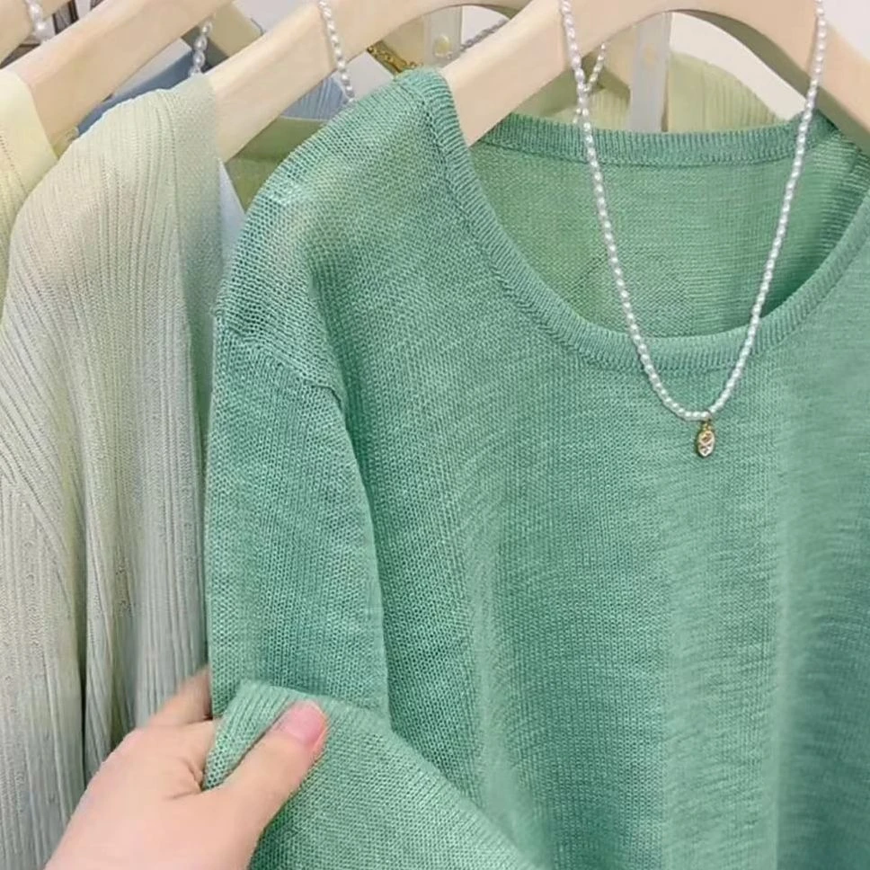 绿色韩系圆领长袖防晒针织衫女2025夏款透气慵懒风气质薄款上衣