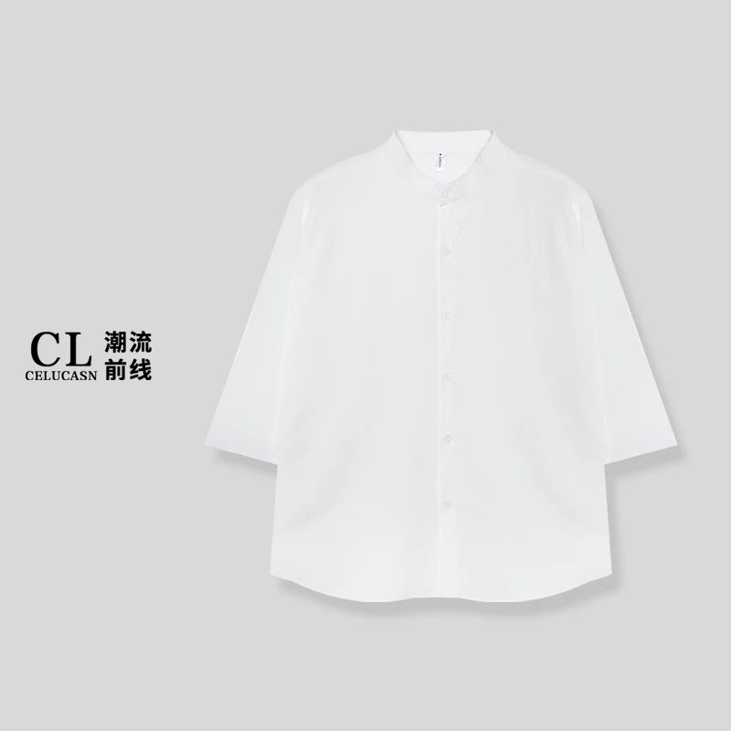 春346#男士夏季衬衫立领休闲复古简约宽松衬衣户外休闲中秋