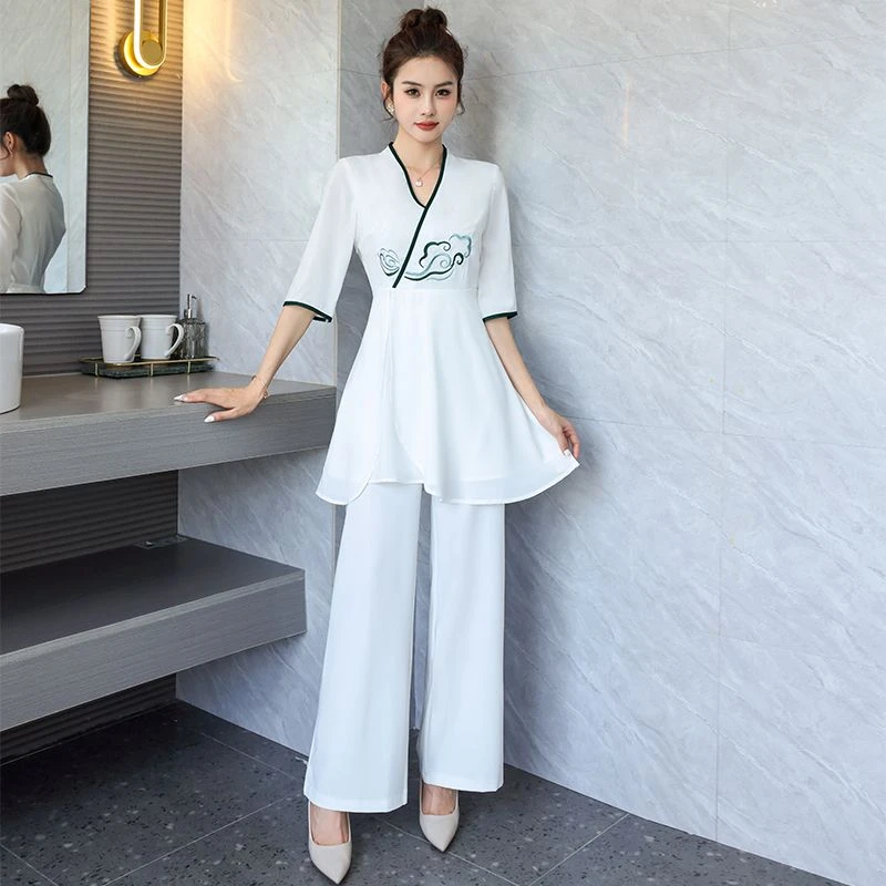 美容院工作服女沐足浴技师工作服套装足疗中袖秋冬款spa养生馆