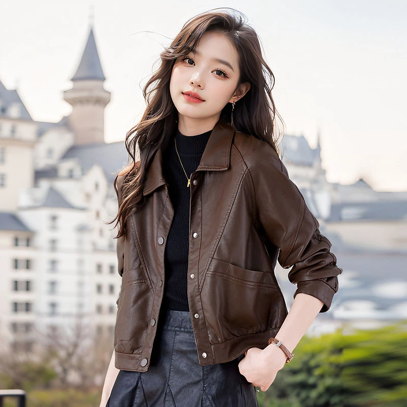 2025皮衣女宽松外套新款今年流行棕色机车短款开春秋高级pu皮夹克