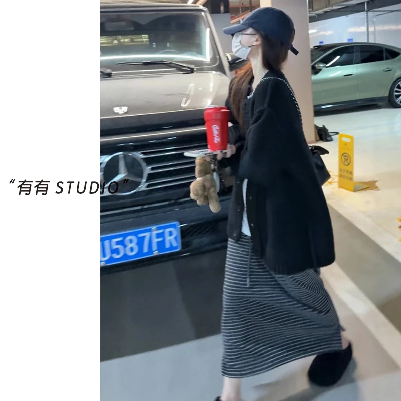 「松弛感条纹半裙」韩系！撞色松紧腰女士针织半身裙