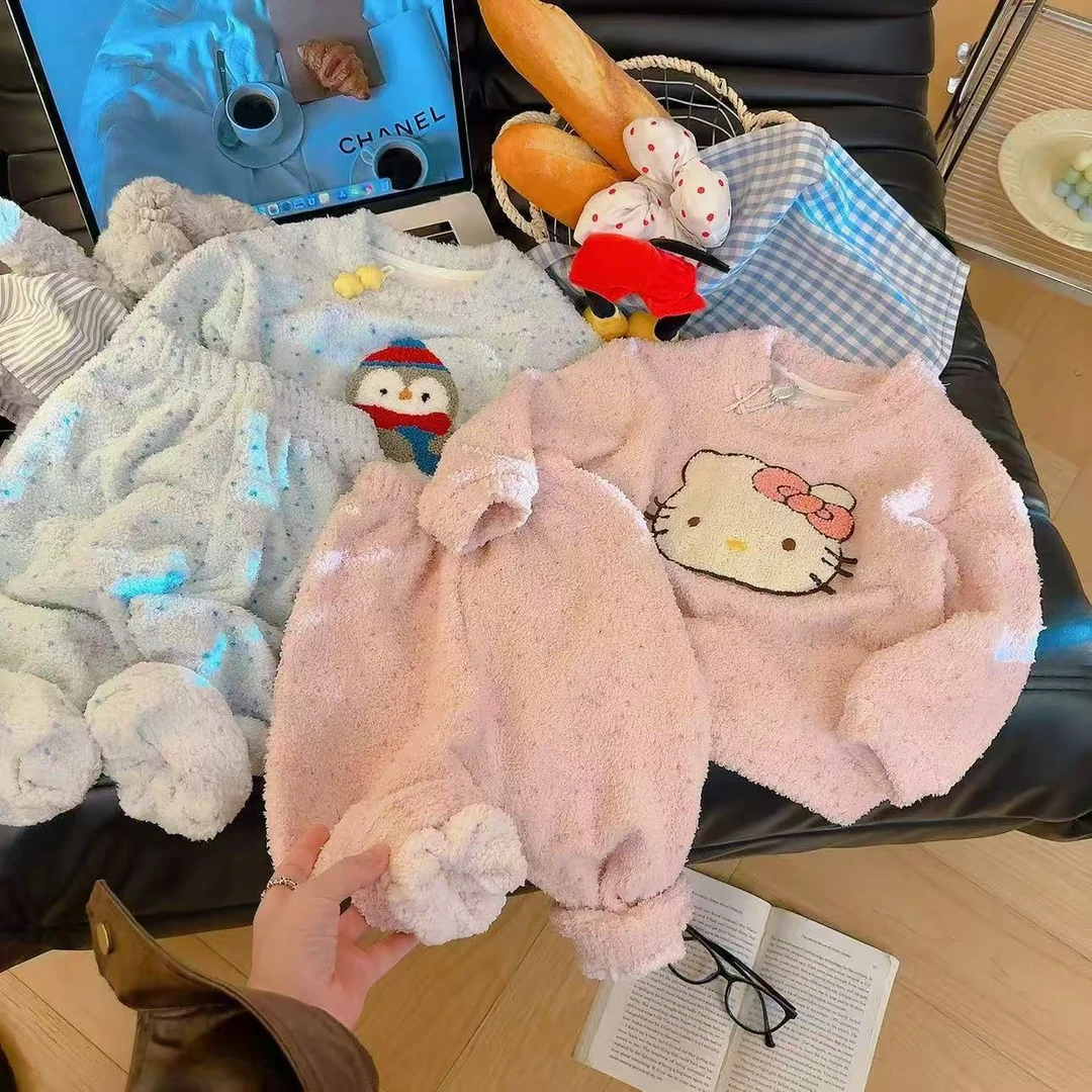 儿童睡衣秋冬保暖抗菌刺绣半边绒家居服宝宝加绒加厚两件套