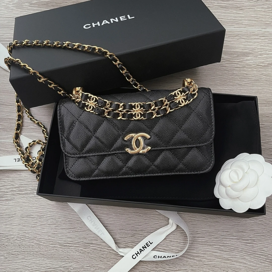 99新 Chanel/香奈儿 艾瑟尔中古/22k黑金荔枝woc单肩包/c162