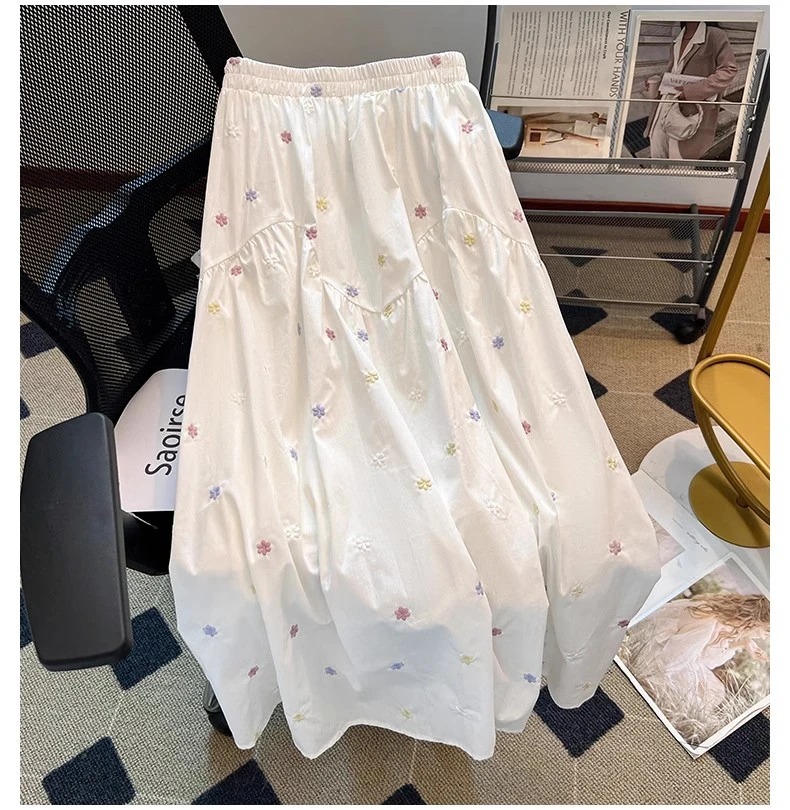 中大童绣花半身裙夏季女孩洋气长裙中长款甜美刺绣花边裙