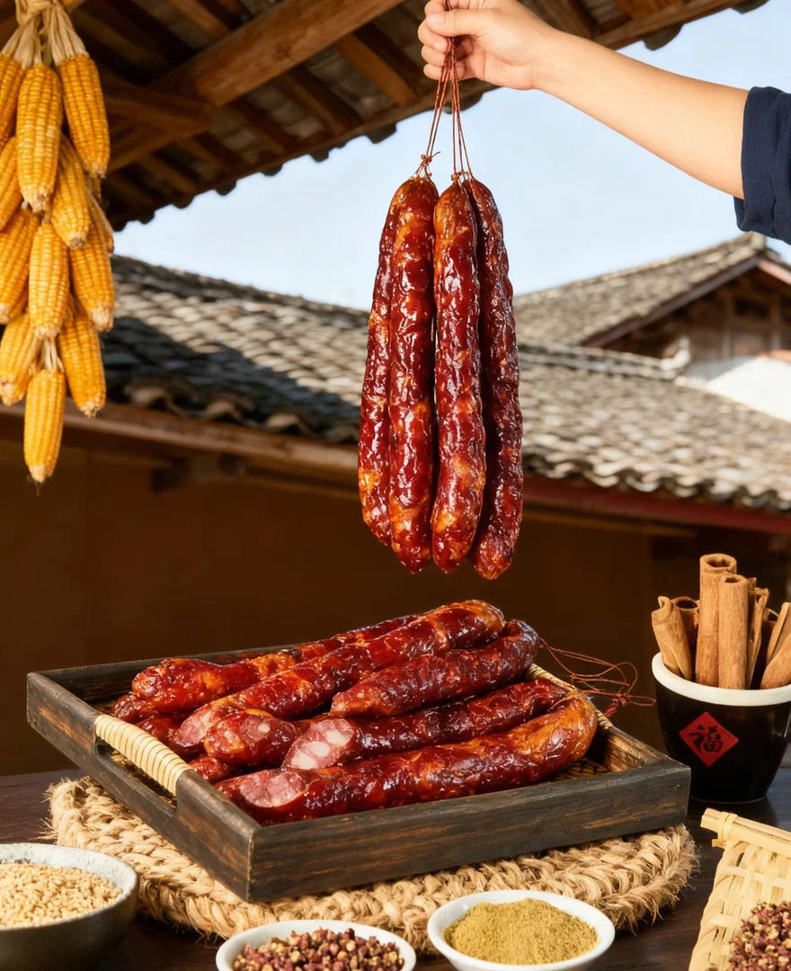 贵州传统工艺柴火烟熏香肠地道家乡味