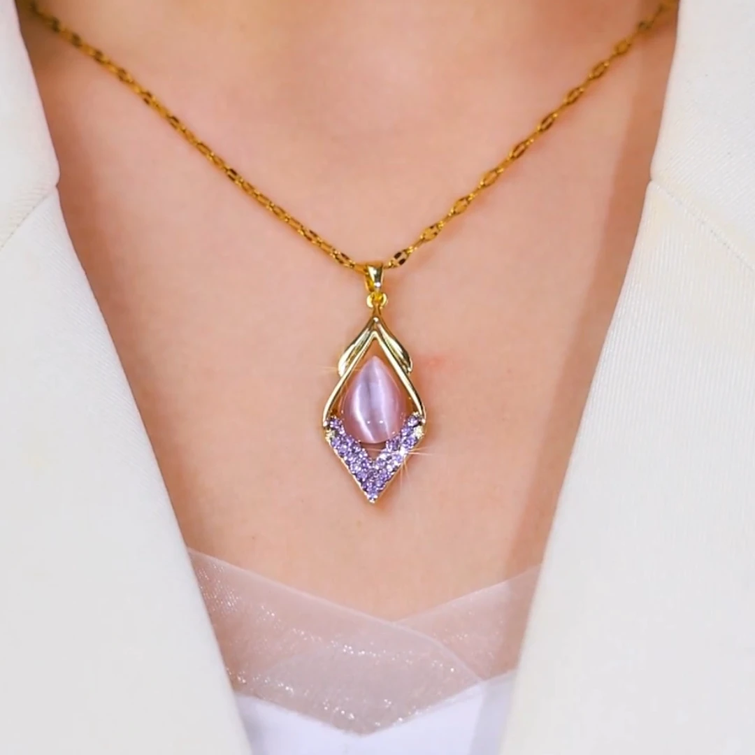 铜合金吊坠 中国风紫色菱形项链女紫罗兰猫猫石锁骨链显瘦颈链