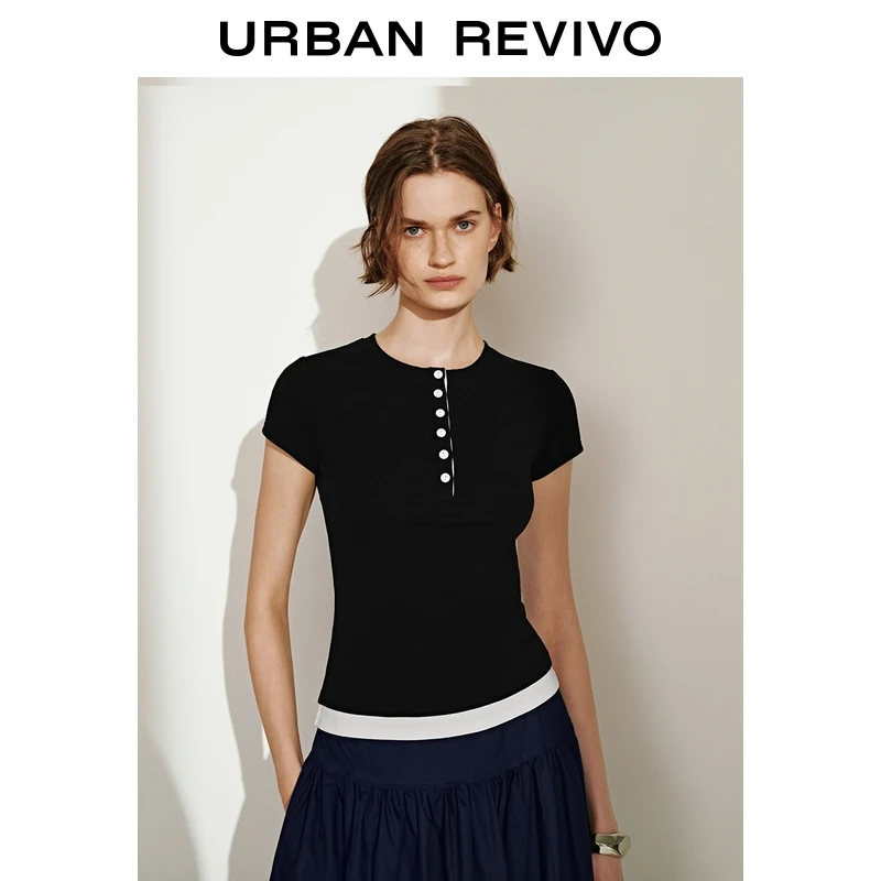 UR2025夏季新款女装时尚气质修身纽扣式圆领短袖T恤UWM450091