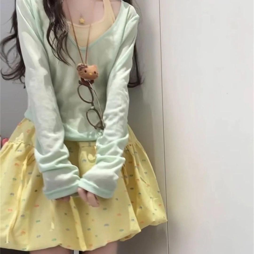 三件套装甜美气质黄色背心+绿色罩衫+黄色碎花蝴蝶结绑带花苞短裙