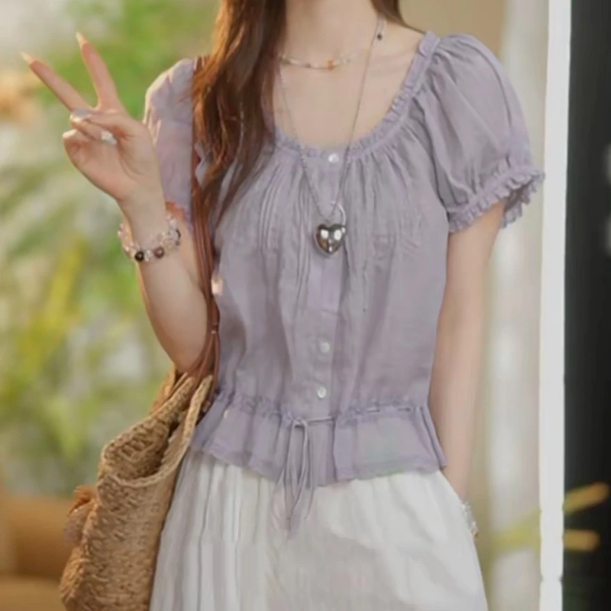 法式慵懒风泡泡袖衬衫女2025夏季新款甜美减龄小清新气质上衣小衫