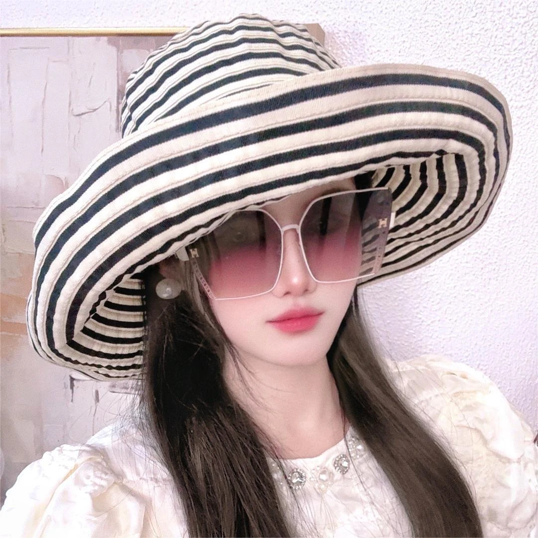 【纹镶】夏季条纹渔夫帽子女新款长短檐防晒帽织带时尚盆帽大头围