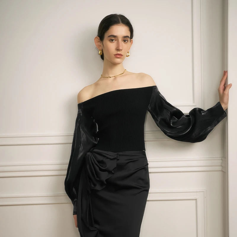 【楠哥专属】拼接露肩黑色毛衣 23271