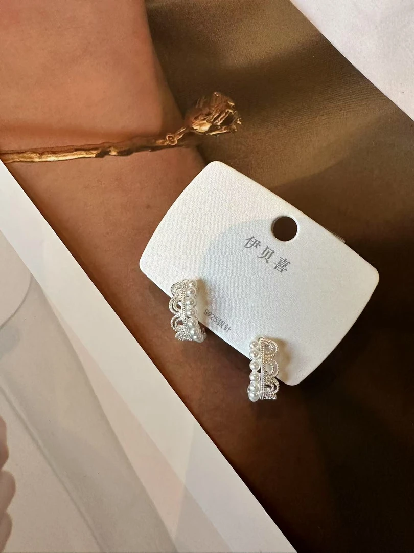 钛钢耳饰 【小胖家】设计感银色蕾丝花边耳钉