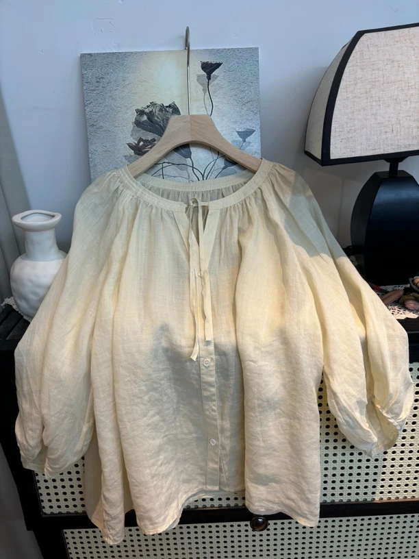 灯笼袖衬衫女系带设计百搭上衣夏季薄款七分袖小衫