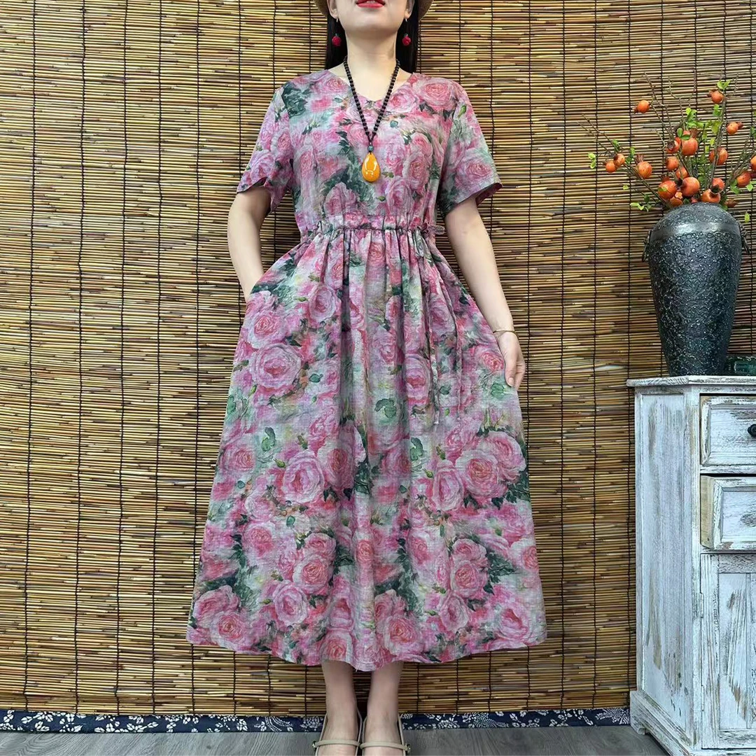 8776夏季薄款绿叶粉牡丹花抽绳大摆连衣裙长裙子