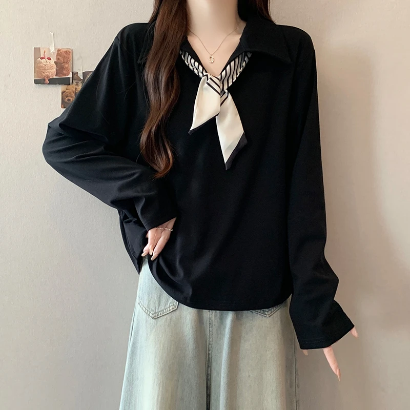 大码女装遮肚子独特系带POLO领长袖打底衫女春秋胖mm宽松T恤上衣