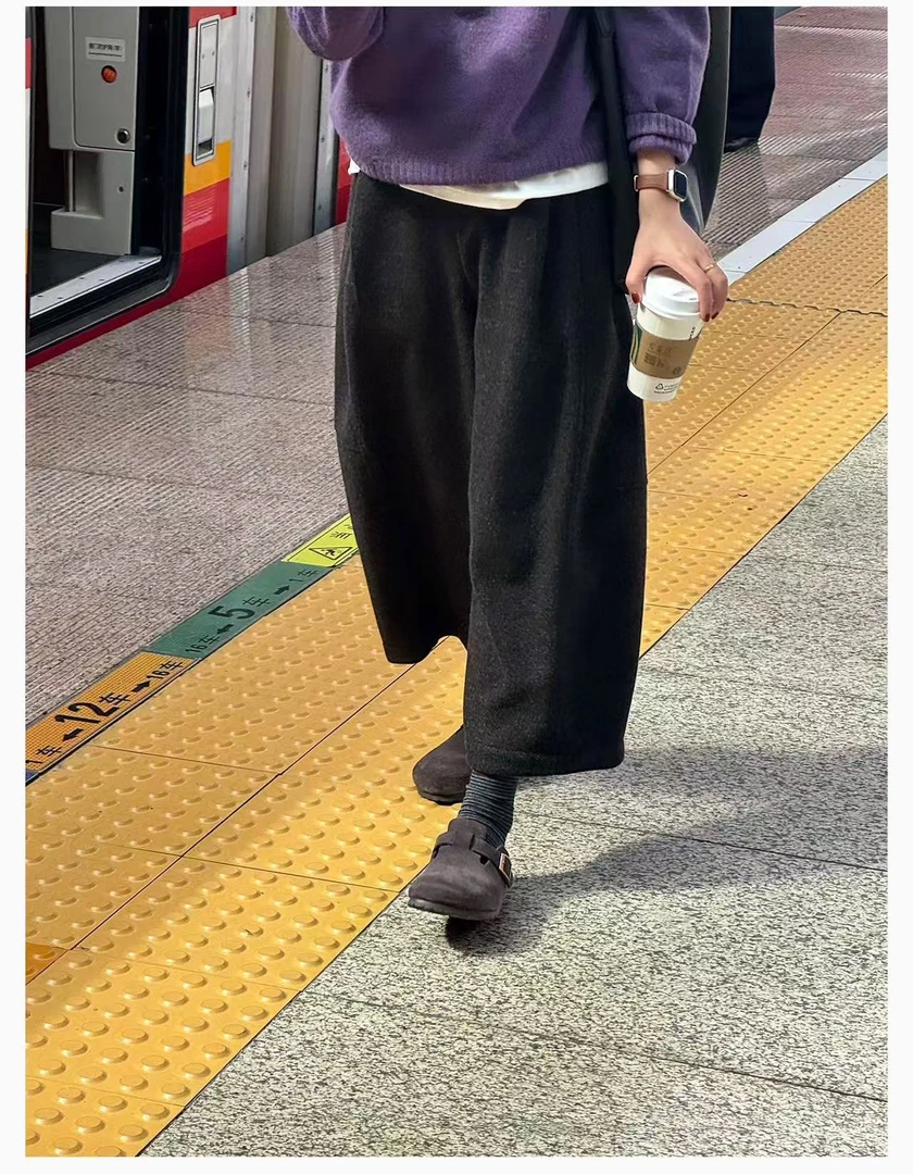 门店款 绵羊.毛呢时尚松紧腰八分休闲裤女秋冬宽松时尚九分阔腿裤