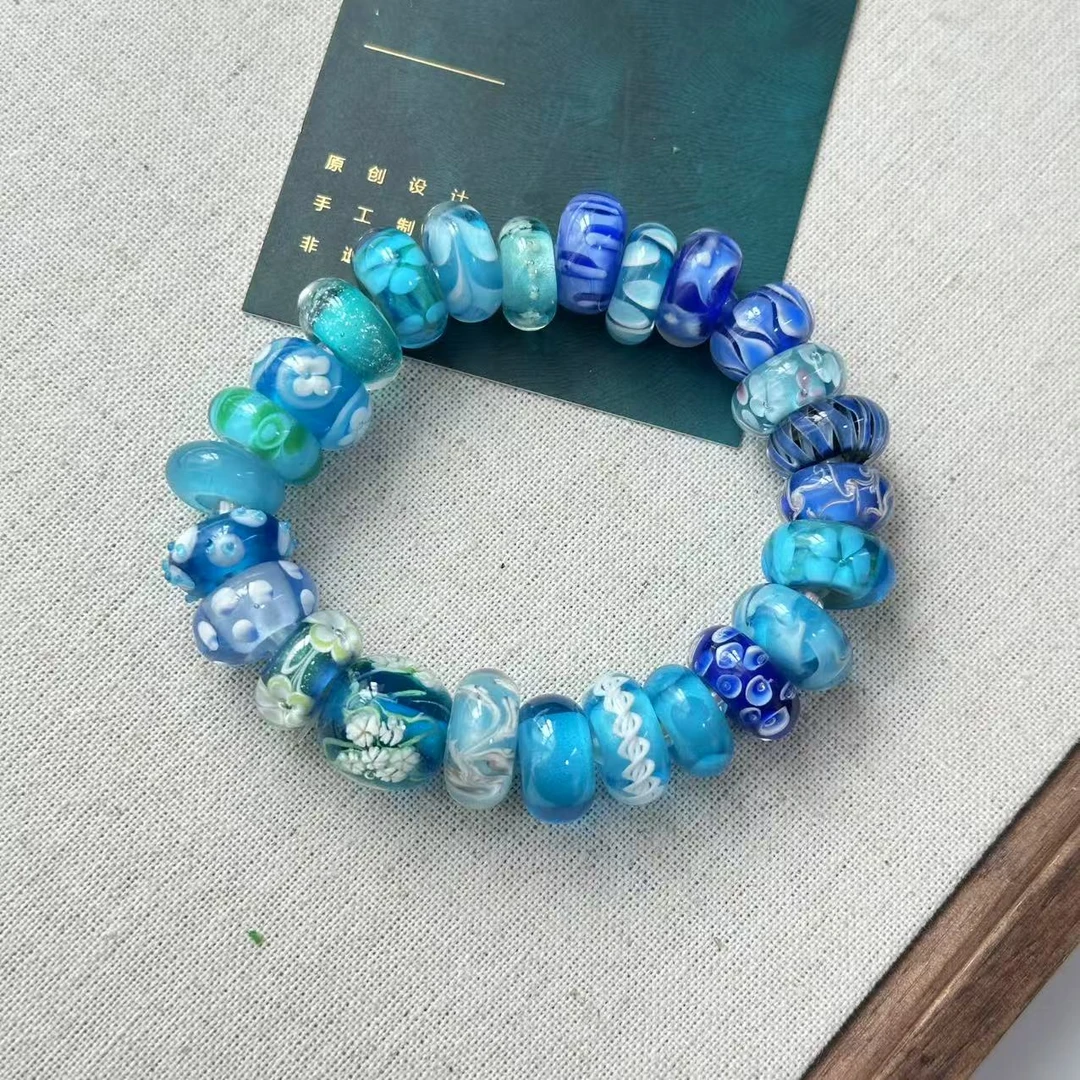 合金手链 玉楼东 合金手链 QC066 深蓝色小花蓝色转转筒琉璃手串