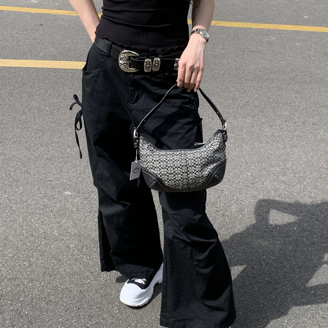 95新 COACH/蔻驰 coach烟灰色老花帆布小号饺子包单肩腋下包hd