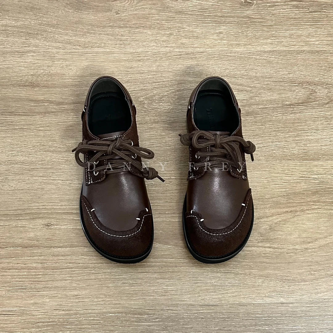Dannyfrey秋冬轻复古趋棕皮布洛克缝线系带学院风通勤单鞋3CM