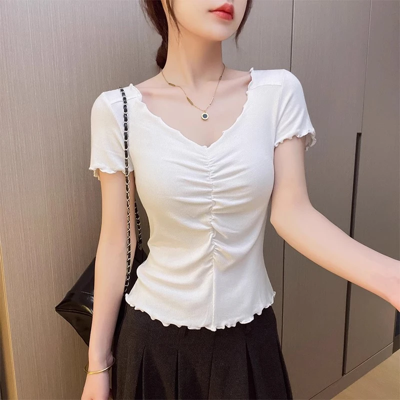 白色短袖t恤女2025新款夏季v领褶皱螺纹打底小众设计感半袖上衣
