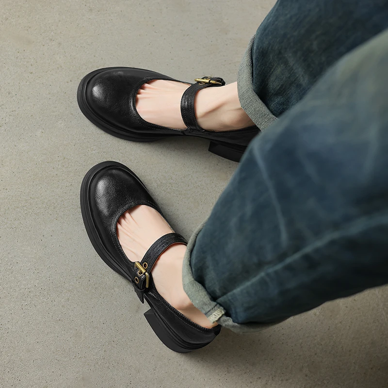 辰光拾锦手工女鞋丨5cm跟高圆头舒适单鞋厚底玛丽珍粗跟复古法式