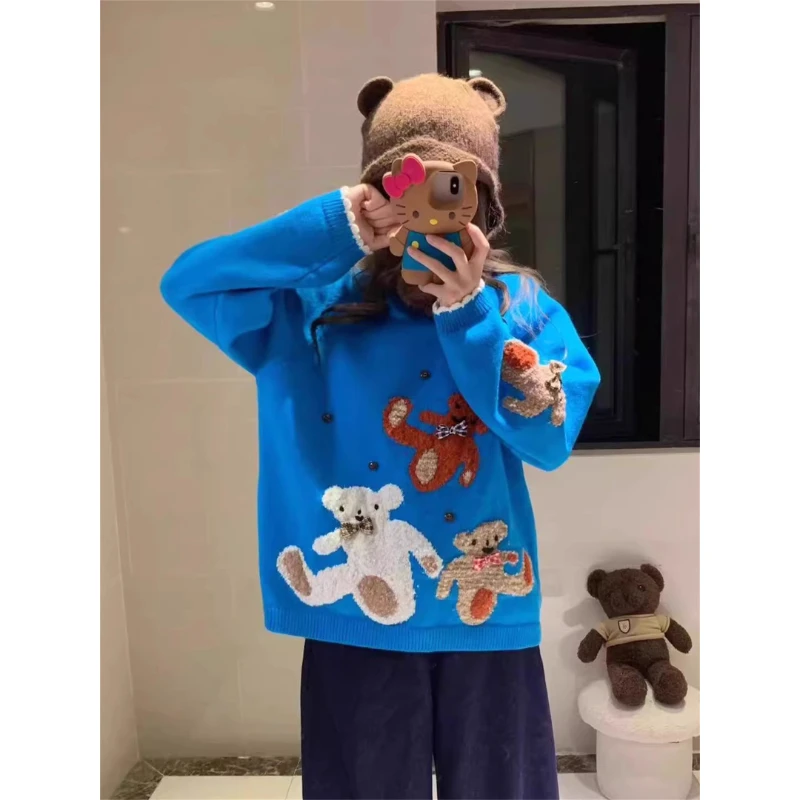 美式复古可爱小熊蝴蝶结提花毛衣女秋冬新款宽松百搭显瘦针织上衣