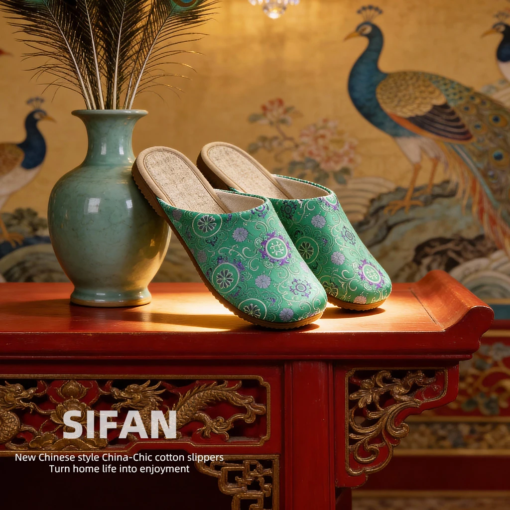 丝梵刺绣绸缎感高级民族国风四季亚麻拖鞋居家室内防滑包头拖女士