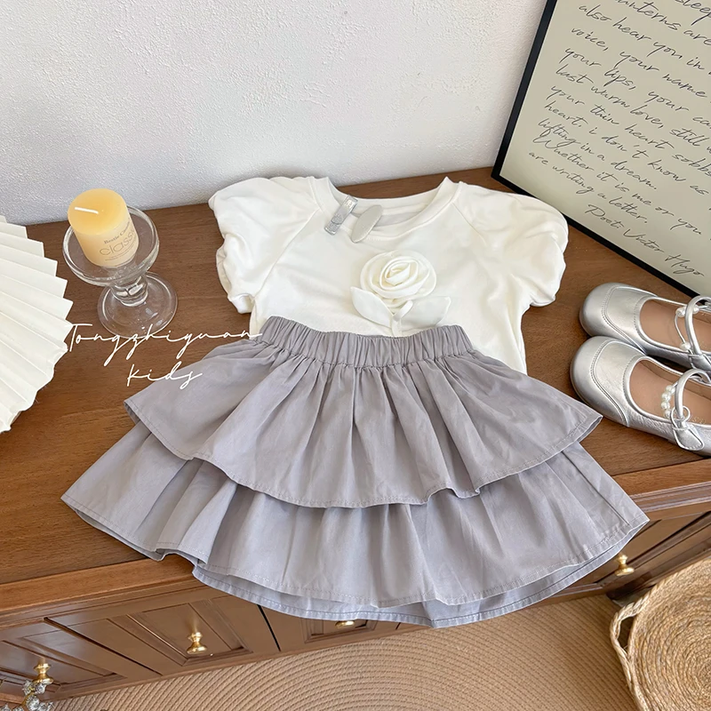 韩版时尚夏款女童灰色蓬蓬裙裤纯色百搭少女洋气女童宝宝公主裙潮