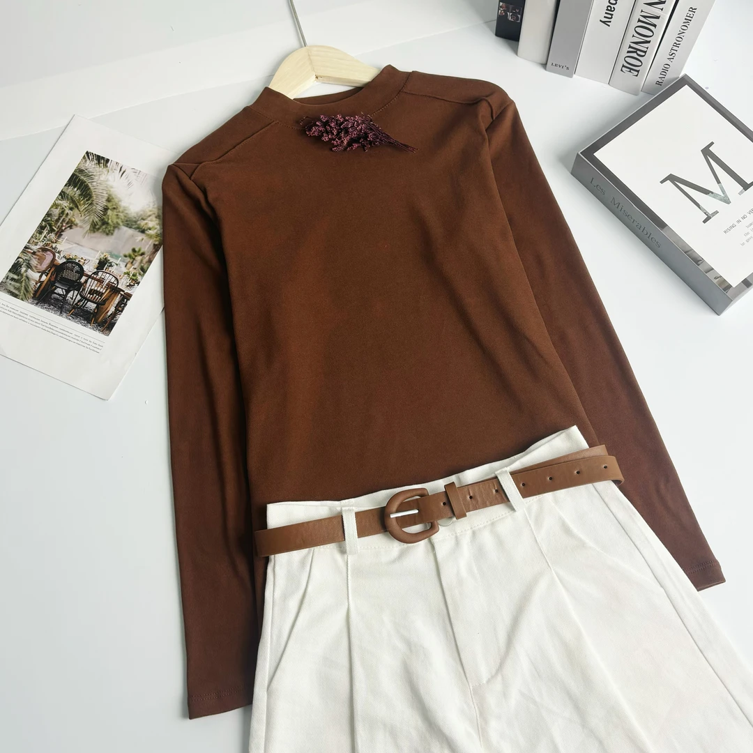 玲姐定制-半高领正肩保暖字母金属标双面磨毛保暖打底衫101612